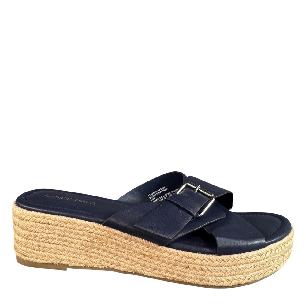 NWOB Lane Bryant Navy Blue Espadrille Wedge Platform Slide Sandals Buckle 11W